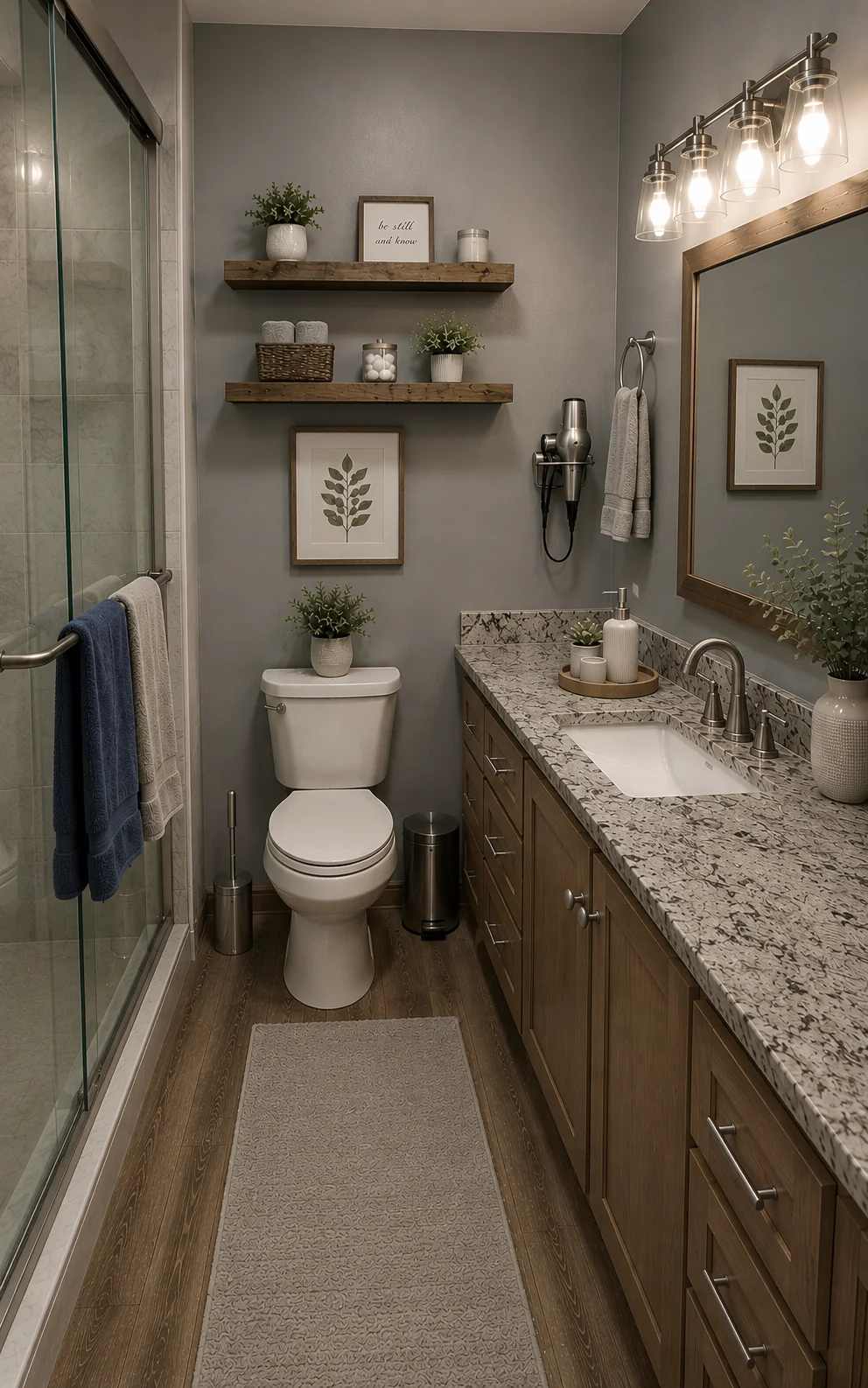 Bathroom after — spa-inspired farmhouse with granite and floating shelves