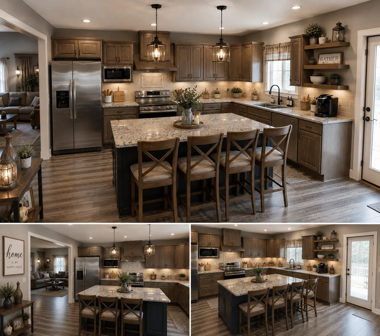 Kitchen after — warm farmhouse transformation with sage green island
